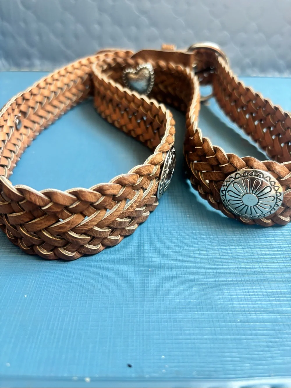 Brown Leather Weaved Southwestern Cowgirl Belt L With Silver Toned